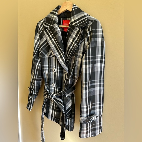 Espirit Black/White Plaid Trench Over Coat Womens Layering Classic Size XS - Picture 2 of 16